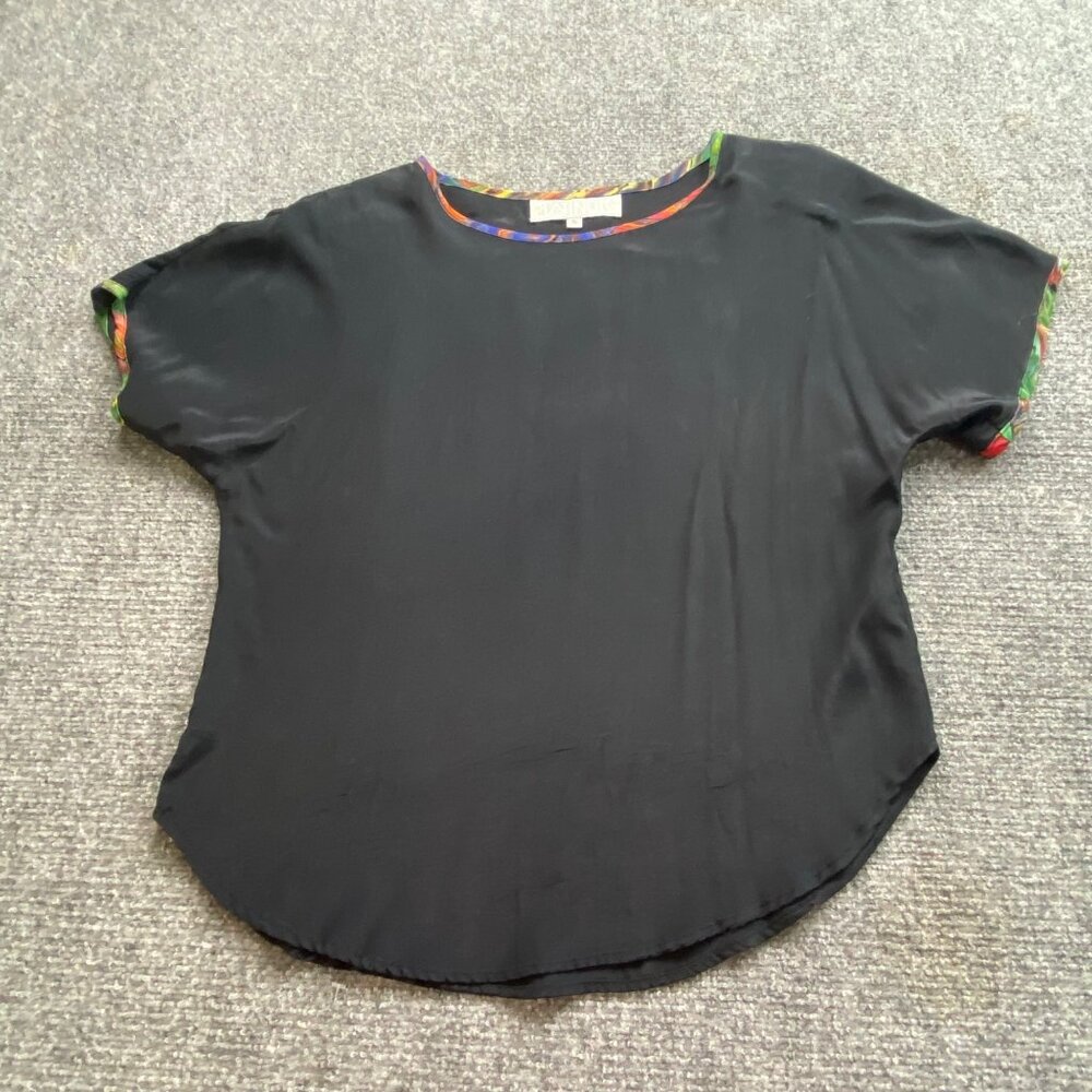 Vintage Platinum‎ Blouse Womens S Black Multicolor Trim Minimalist Retro Office